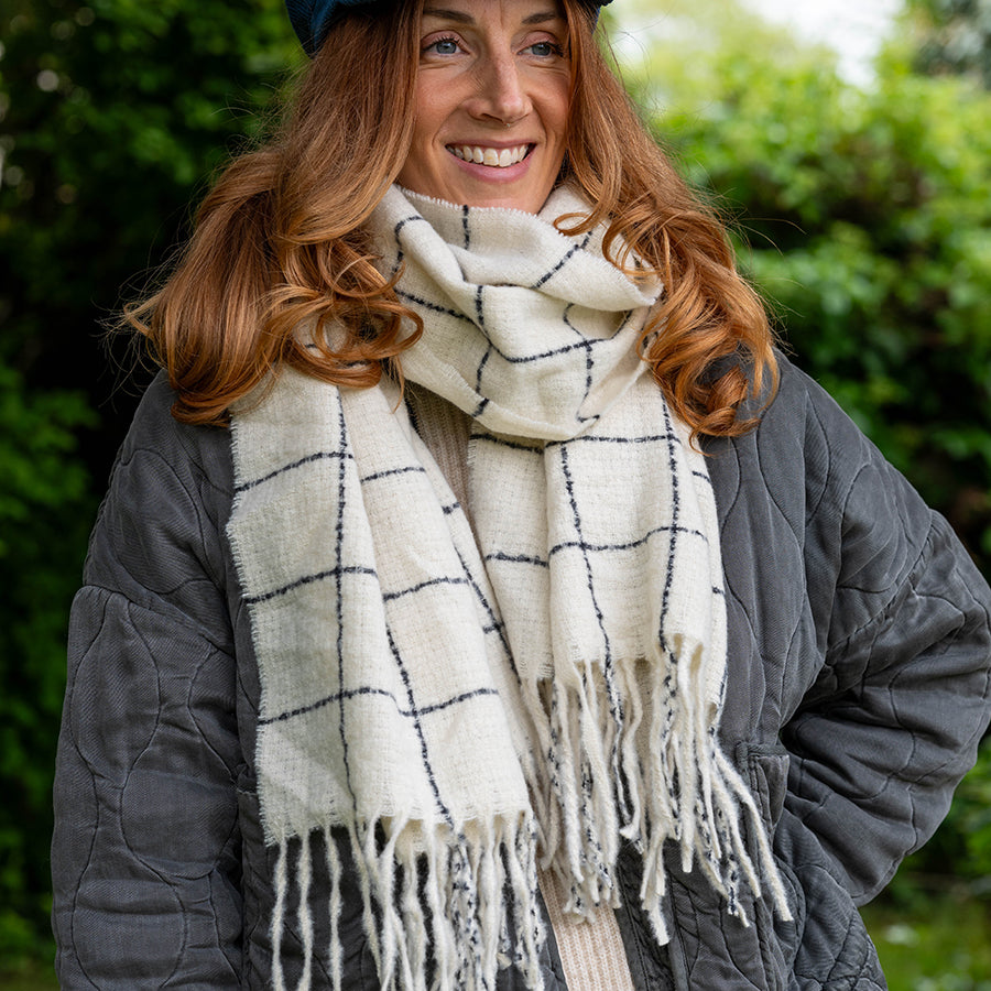 Cream Fine Checked Winter Scarf