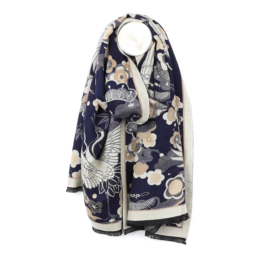 Navy Blue Crane & Floral Jacquard Scarf