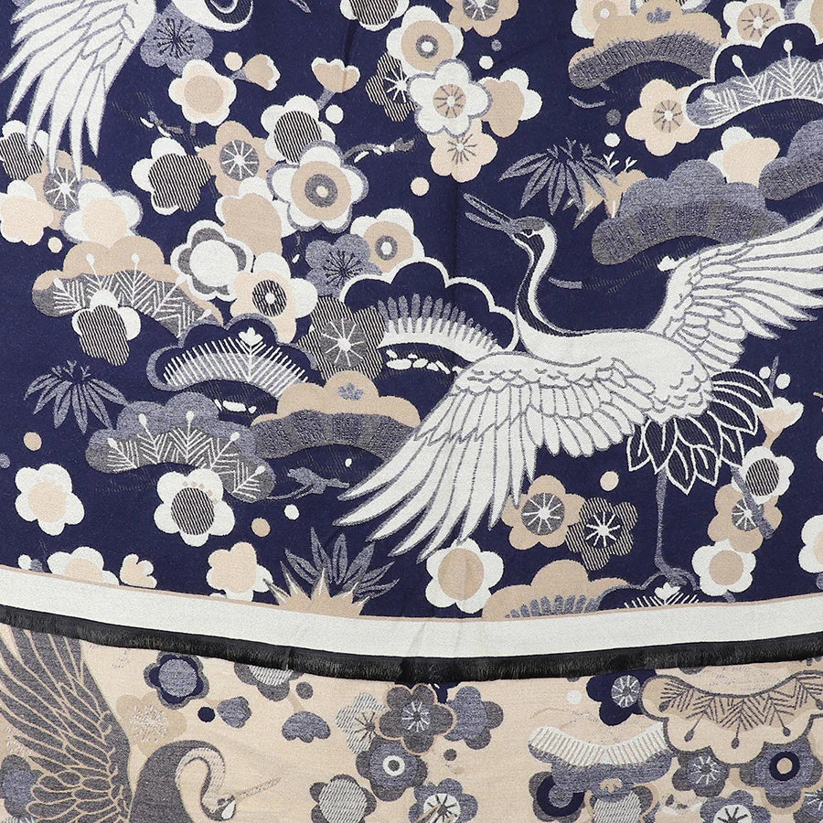 Navy Blue Crane & Floral Jacquard Scarf