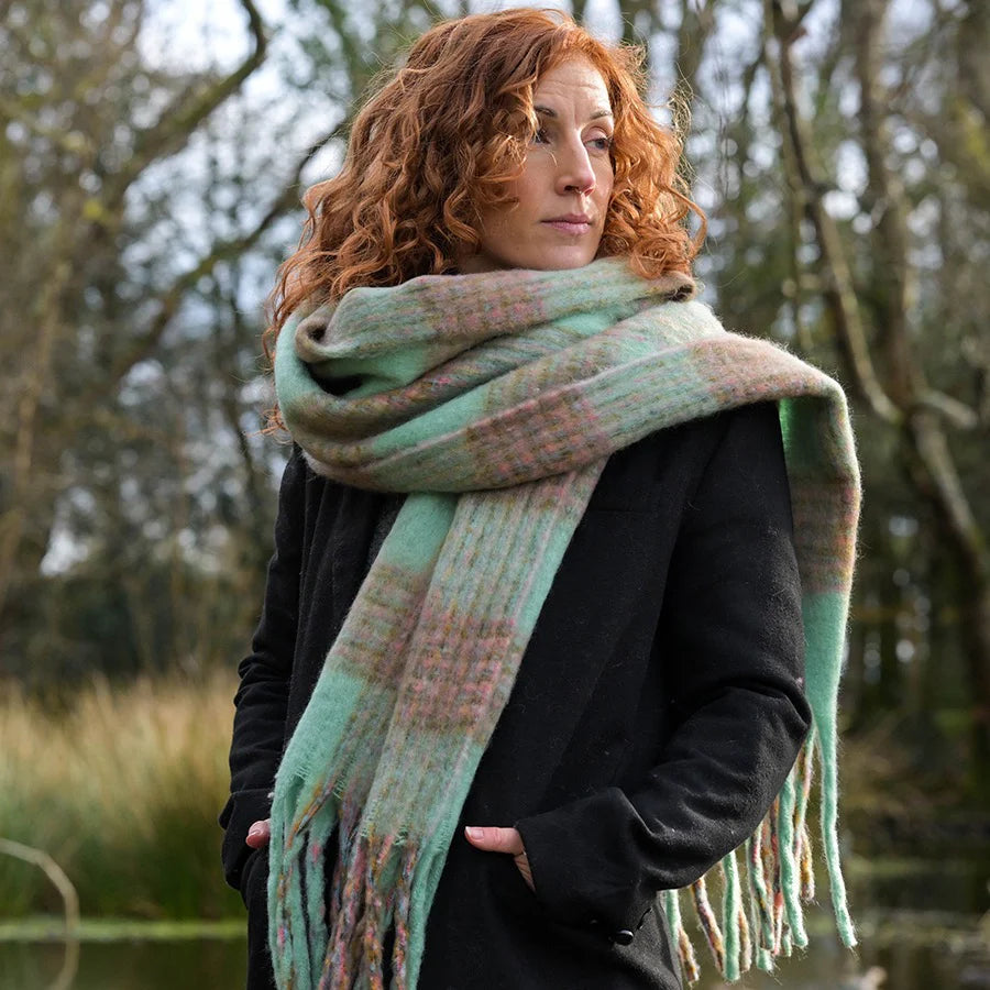 Mint Green Chunky Checked Winter Scarf