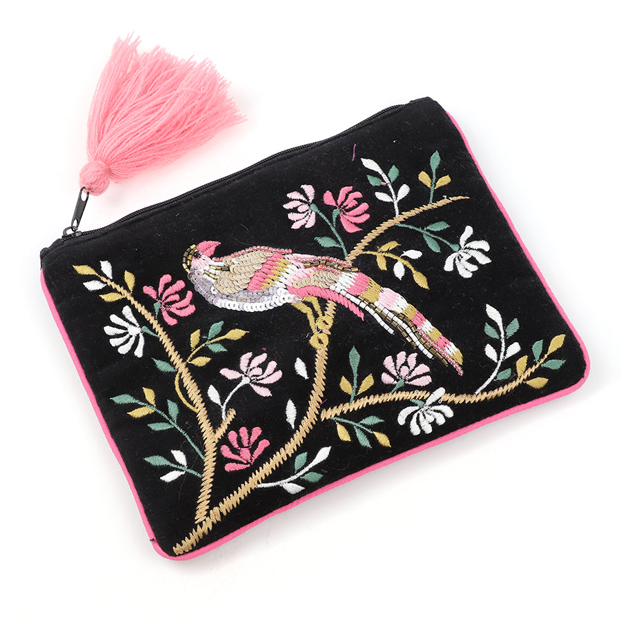 Black Velvet Tropical Bird Embroidered Purse
