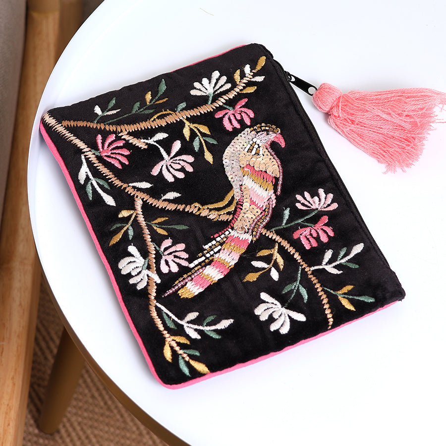 Black Velvet Tropical Bird Embroidered Purse