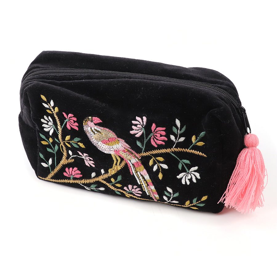 Black Velvet and Pink Tropical Bird Embroidered Travel Bag