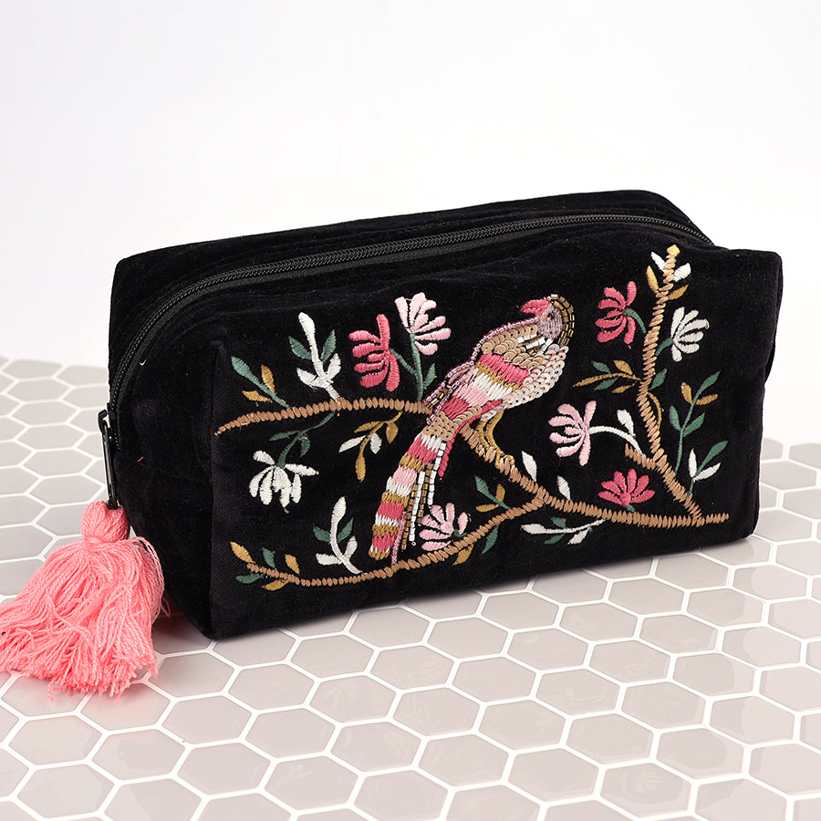 Black Velvet and Pink Tropical Bird Embroidered Travel Bag