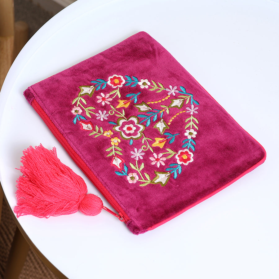 Wine Velvet Floral Heart Embroidered Purse