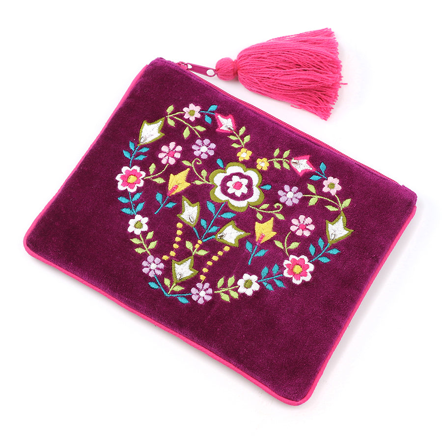 Wine Velvet Floral Heart Embroidered Purse