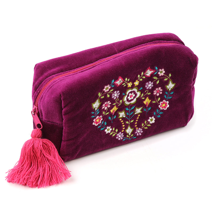 Wine Velvet Floral Heart Embroidered Travel Bag
