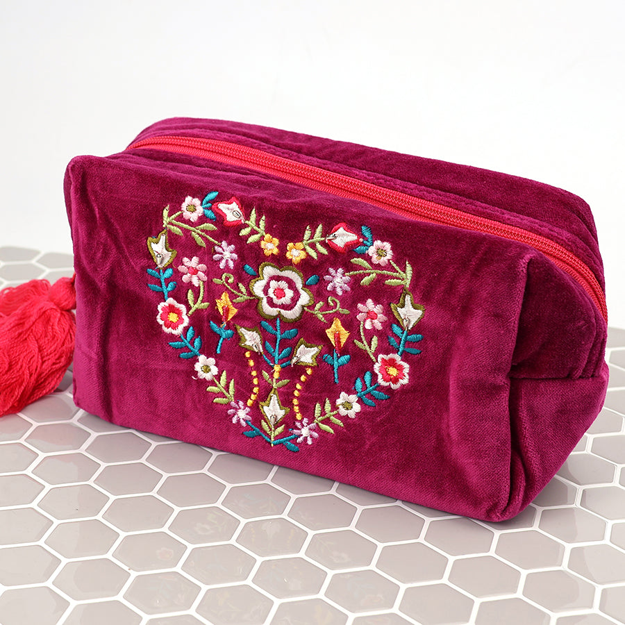 Wine Velvet Floral Heart Embroidered Travel Bag