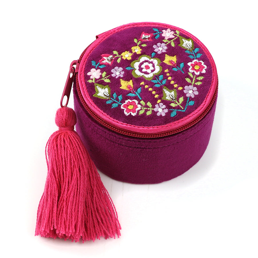 Wine Velvet Floral Embroidered Trinket Box