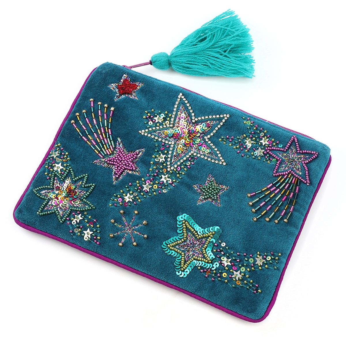 Teal Velvet Stars Embroidered Purse