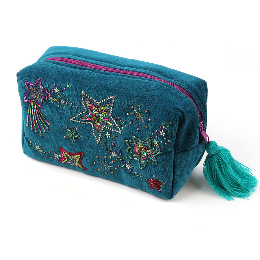 Teal Velvet Stars Embroidered Travel Bag