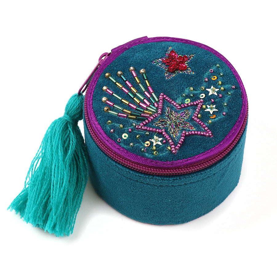 Teal Velvet Stars Embroidered Trinket Box