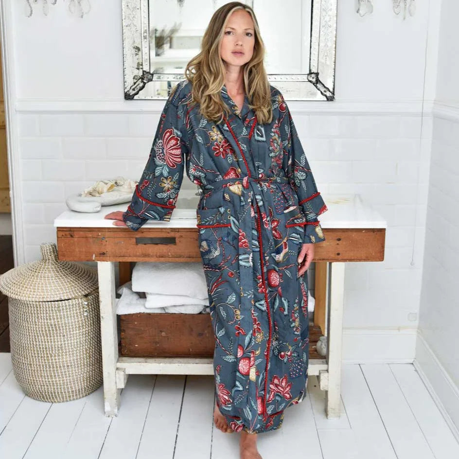 Grey Fruit Bird Cotton Dressing Gown