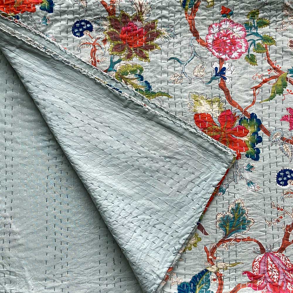 Light Blue Exotic Flower Cotton Kantha Throw