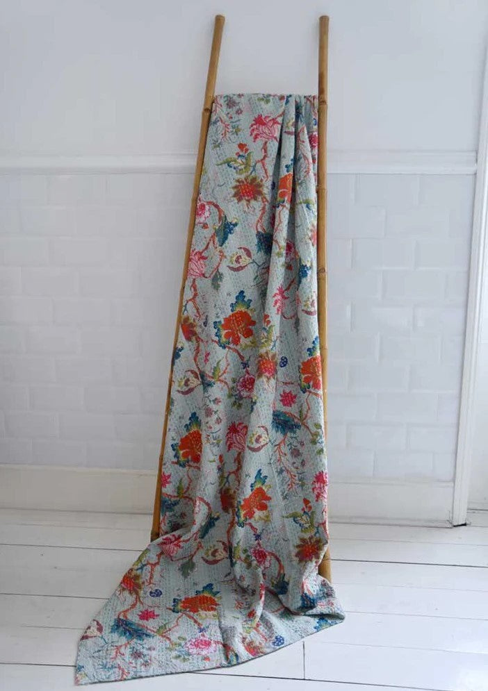 Light Blue Exotic Flower Cotton Kantha Throw