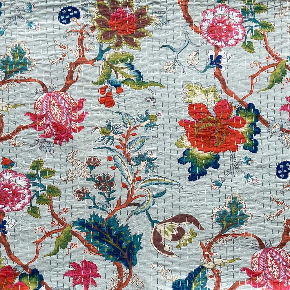 Light Blue Exotic Flower Cotton Kantha Throw