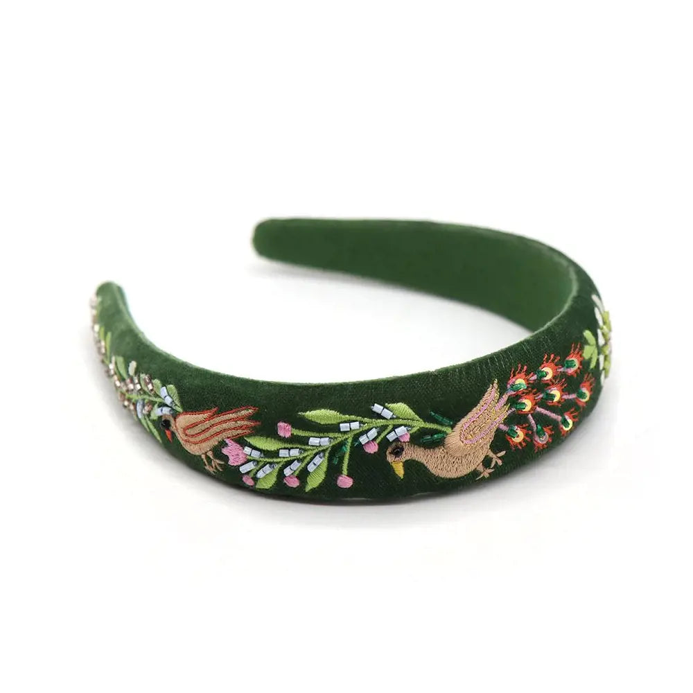 Velvet headband with Peacock embroidered detail