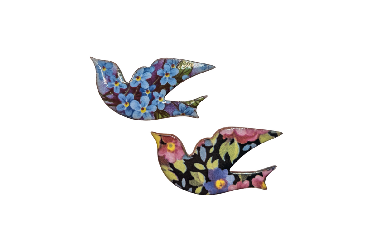 Ceramic Brooch - Blue Floral Bird Shaped