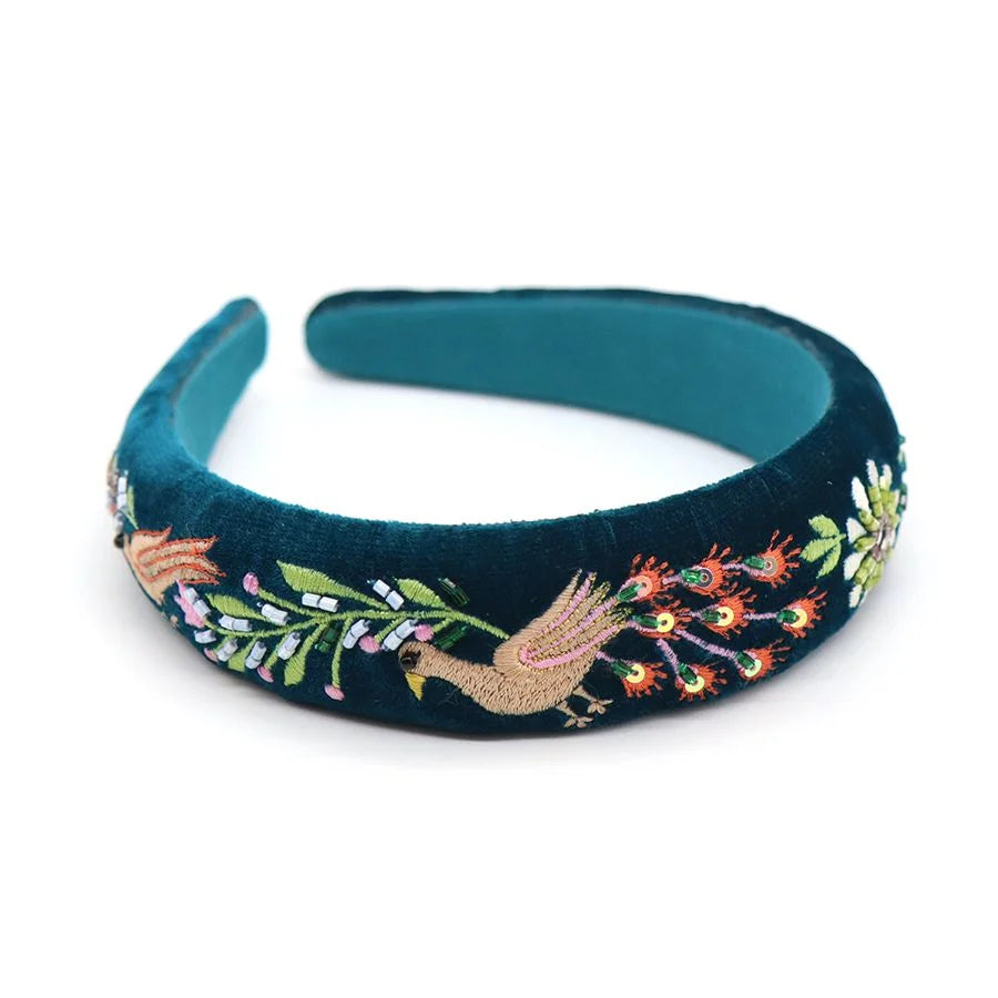 Velvet headband with Peacock embroidered detail