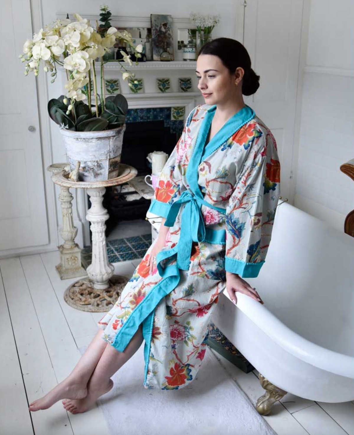Blue Exotic Flower Cotton Dressing Gown